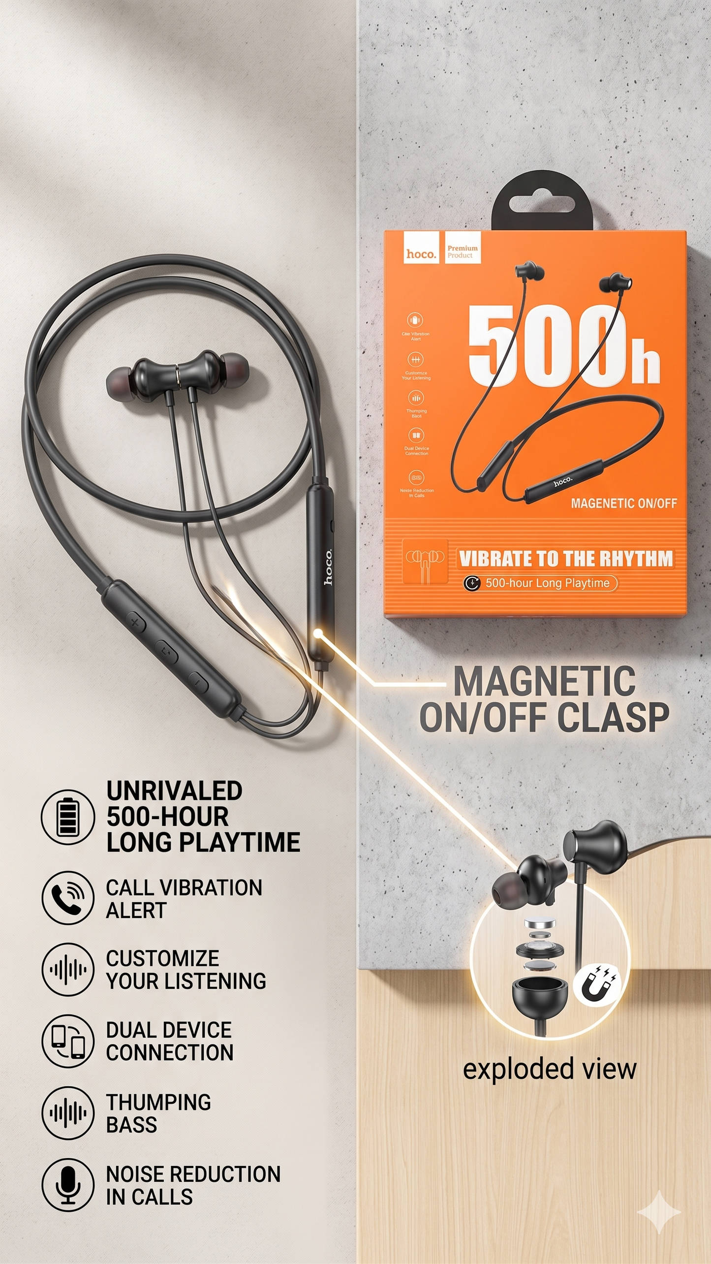 Hoco. Premium 500h Long Playtime Wireless Neckband Earphone