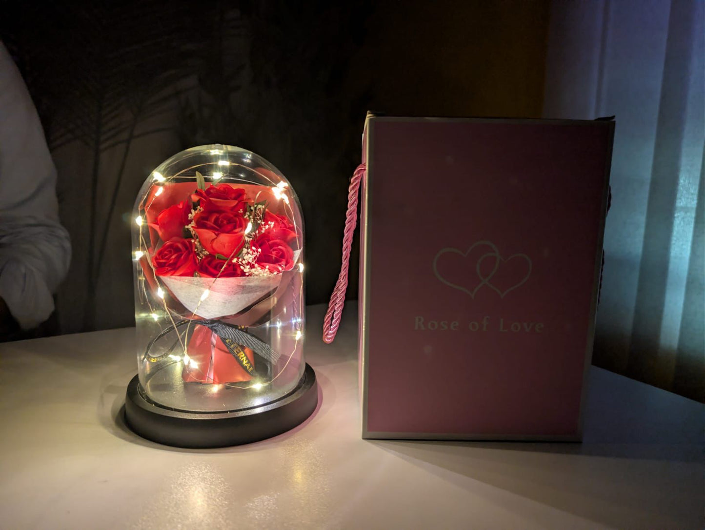 Premium Artificial Flower Bouquet Glass Dome with LED Lights